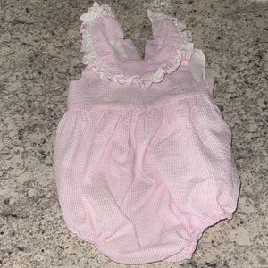 Sal & Pimenta Pink Ruffled Baby Romper- bows on collar- 12 m
